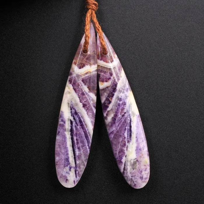 Earrings Intrinsic Trading Natural Petrified Purple Fluorite Earring Pair Skinny Long Teardrop Cabochon Cab Pair Drilled Matched Earrings Bead Pair Stone