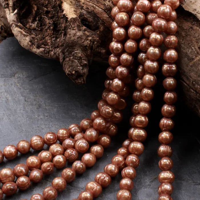 Faceted Genuine Freshwater Pearl Sun Kissed Gold Copper Pearl 8mm Round Shimmery Iridescent Beads 16 Strand Intrinsic Trading Earrings
