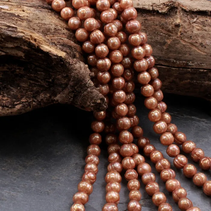 Faceted Genuine Freshwater Pearl Sun Kissed Gold Copper Pearl 8mm Round Shimmery Iridescent Beads 16 Strand Intrinsic Trading Earrings