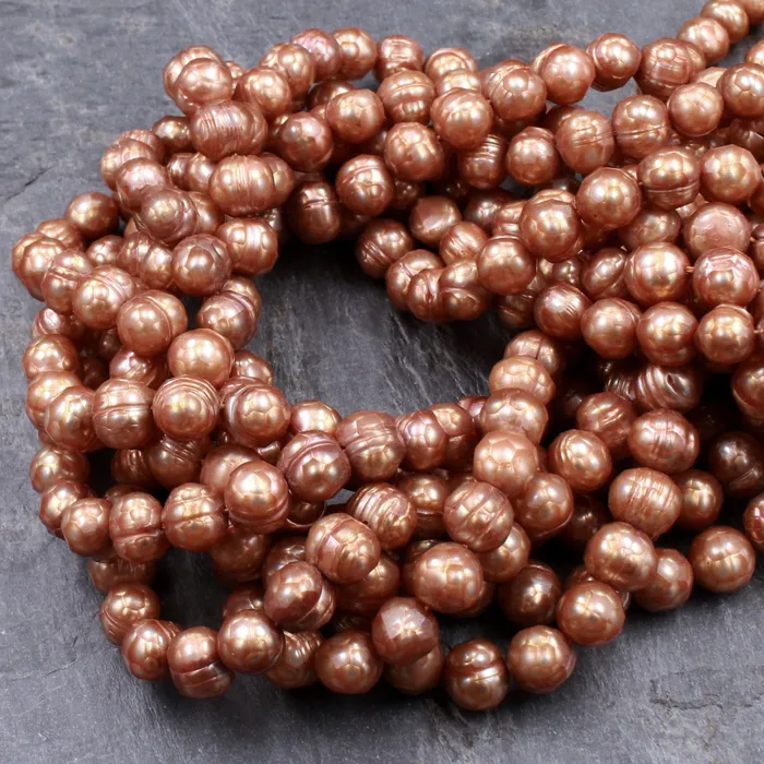 Faceted Genuine Freshwater Pearl Sun Kissed Gold Copper Pearl 8mm Round Shimmery Iridescent Beads 16 Strand Intrinsic Trading Earrings