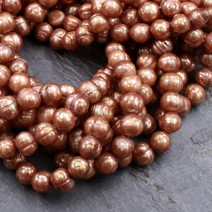 Faceted Genuine Freshwater Pearl Sun Kissed Gold Copper Pearl 8mm Round Shimmery Iridescent Beads 16 Strand Intrinsic Trading Earrings