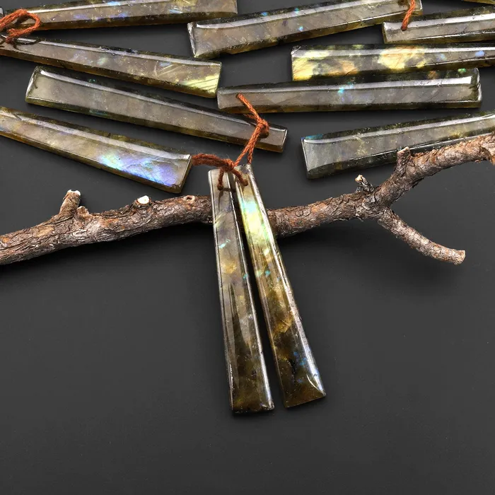 Intrinsic Trading Earrings Natural Labradorite Earring Pair Thin Long Trapezoid Drilled Matched Gemstone Beads
