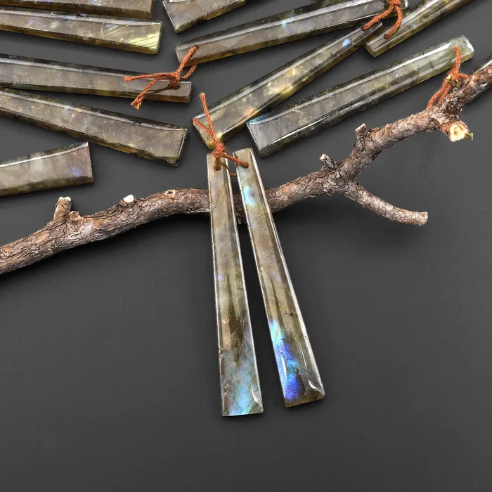 Intrinsic Trading Earrings Natural Labradorite Earring Pair Thin Long Trapezoid Drilled Matched Gemstone Beads