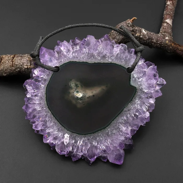 Intrinsic Trading Necklaces 2 Hole Pendant Natural Amethyst Stalactite Flower Pendant Flat Slice Freeform One of a Kind P0130 Intrinsic Trading Necklaces 2 Hole Pendant Natural Amethyst Stalactite Flower Pendant Flat Slice Freeform One of a Kind P0130