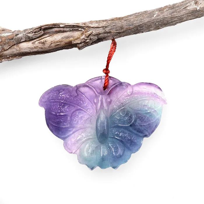 Intrinsic Trading Necklaces Hand Carved Natural Fluorite Butterfly Gemstone Pendant A7