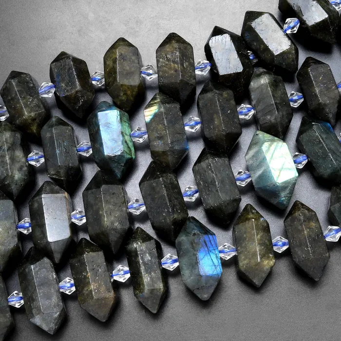 Intrinsic Trading Necklaces Natural Labradorite Beads Faceted Double Terminated Point Bullet Bicone Center Drilled Focal Labradorite Pendant 155 Strand