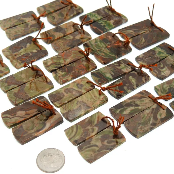 Natural Mushroom Rhyolite Jasper Earring Pair Flat Rectangle Cabochon Cab Pair Drilled Matched Gemstone Bead Pair Intrinsic Trading Earrings