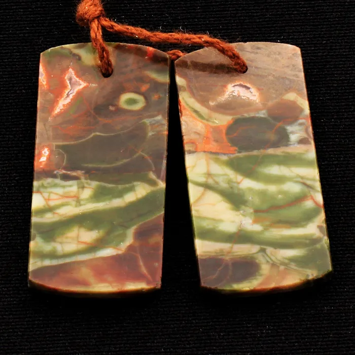 Natural Mushroom Rhyolite Jasper Earring Pair Flat Rectangle Cabochon Cab Pair Drilled Matched Gemstone Bead Pair Intrinsic Trading Earrings