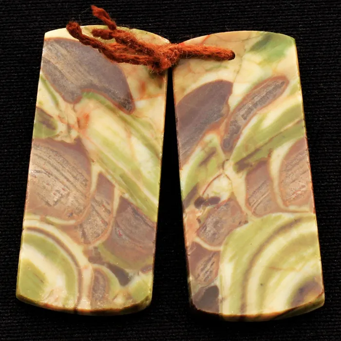 Natural Mushroom Rhyolite Jasper Earring Pair Flat Rectangle Cabochon Cab Pair Drilled Matched Gemstone Bead Pair Intrinsic Trading Earrings