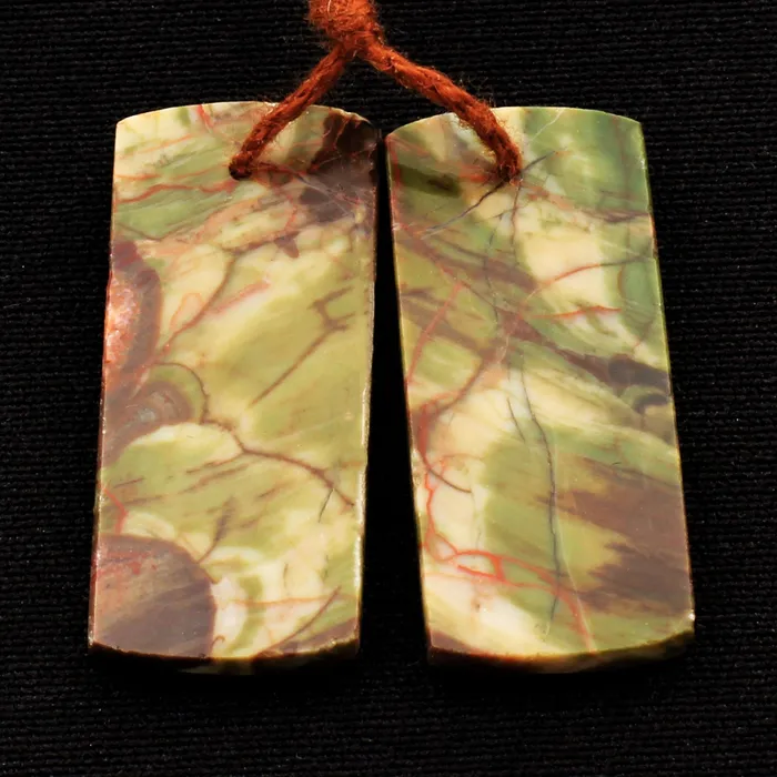 Natural Mushroom Rhyolite Jasper Earring Pair Flat Rectangle Cabochon Cab Pair Drilled Matched Gemstone Bead Pair Intrinsic Trading Earrings