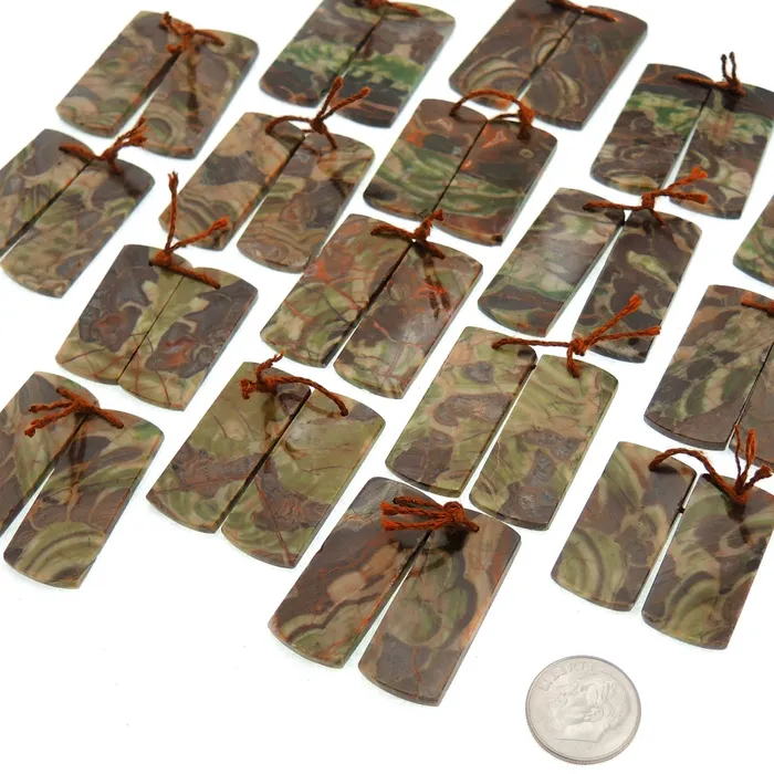 Natural Mushroom Rhyolite Jasper Earring Pair Flat Rectangle Cabochon Cab Pair Drilled Matched Gemstone Bead Pair Intrinsic Trading Earrings