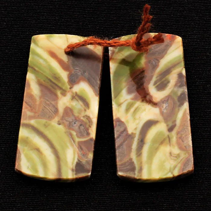 Natural Mushroom Rhyolite Jasper Earring Pair Flat Rectangle Cabochon Cab Pair Drilled Matched Gemstone Bead Pair Intrinsic Trading Earrings