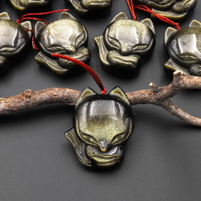 Necklaces Intrinsic Trading AAA Hand Carved Natural Golden Obsidian Baby Fox Pendant Focal Gemstone