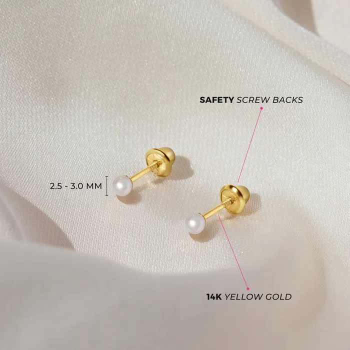 14k Gold Classic Freshwater Cultured Pearl 35mm Baby Toddler Kids Earrings Safety Screw Back Baby Screw Back Earrings Earrings