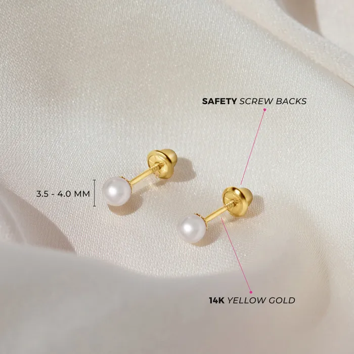 14k Gold Classic Freshwater Cultured Pearl 35mm Baby Toddler Kids Earrings Safety Screw Back Baby Screw Back Earrings Earrings