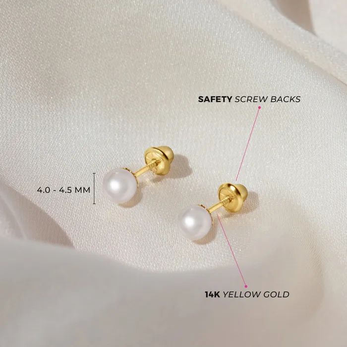 14k Gold Classic Freshwater Cultured Pearl 35mm Baby Toddler Kids Earrings Safety Screw Back Baby Screw Back Earrings Earrings