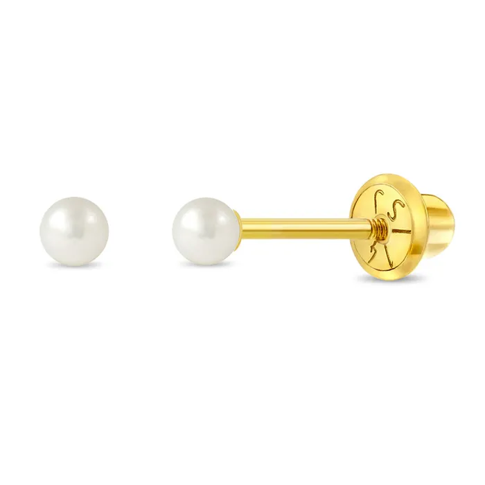 14k Gold Classic Freshwater Cultured Pearl 35mm Baby Toddler Kids Earrings Safety Screw Back Baby Screw Back Earrings Earrings