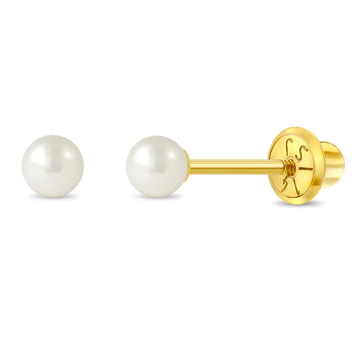 14k Gold Classic Freshwater Cultured Pearl 35mm Baby Toddler Kids Earrings Safety Screw Back Baby Screw Back Earrings Earrings