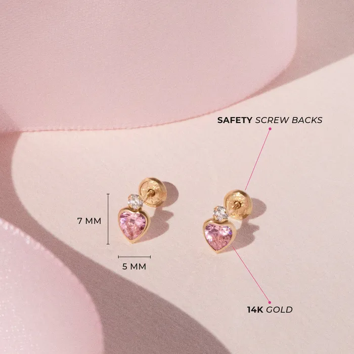 14k Gold Royal Heart CZ Kids Childrens Girls Earrings Safety Screw Back Baby Screw Back Earrings Earrings