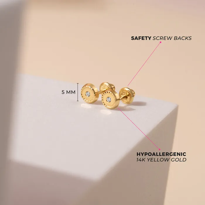 Baby Screw Back Earrings Earrings 14k Gold Round Bezel Set Clear CZ Baby Toddler Kids Earrings Safety Screw Back