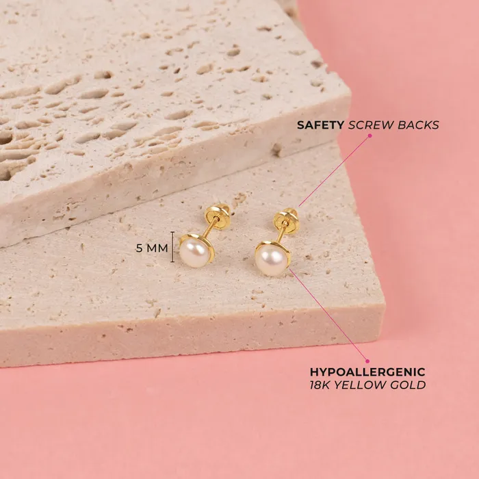 Baby Screw Back Earrings Earrings 18k Gold Formal Freshwater Pearl 6mm Kids Childrens Girls Earrings Safety Screw Back