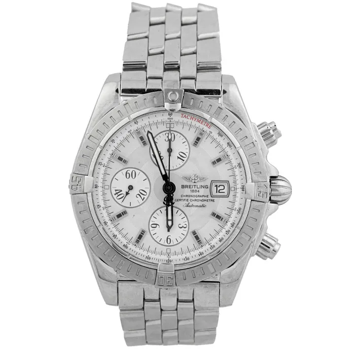 Breitling Mens Chronomat Evolution Stainless Steel 44mm Silver Stick Chronograph Dial Watch Reference A13356 Happy Jewelers Bracelets Breitling Mens Chronomat Evolution Stainless Steel 44mm Silver Stick Chronograph Dial Watch Reference A13356 Happy Jewelers Bracelets