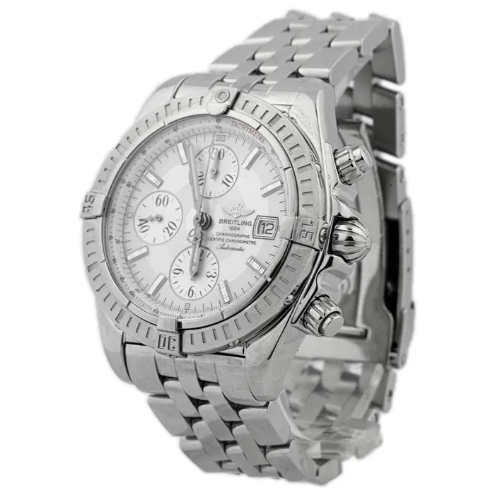 Breitling Mens Chronomat Evolution Stainless Steel 44mm Silver Stick Chronograph Dial Watch Reference A13356 Happy Jewelers Bracelets
