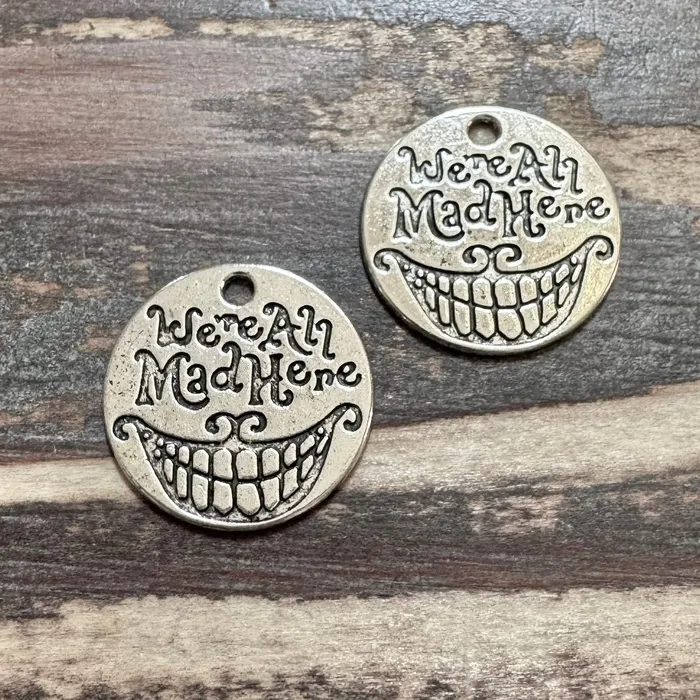 Charm Necklaces ABD Exclusives BCB255 Antique Silver Were All Mad Here Charm 20mm Pkg 2 Charm Necklaces ABD Exclusives BCB255 Antique Silver Were All Mad Here Charm 20mm Pkg 2