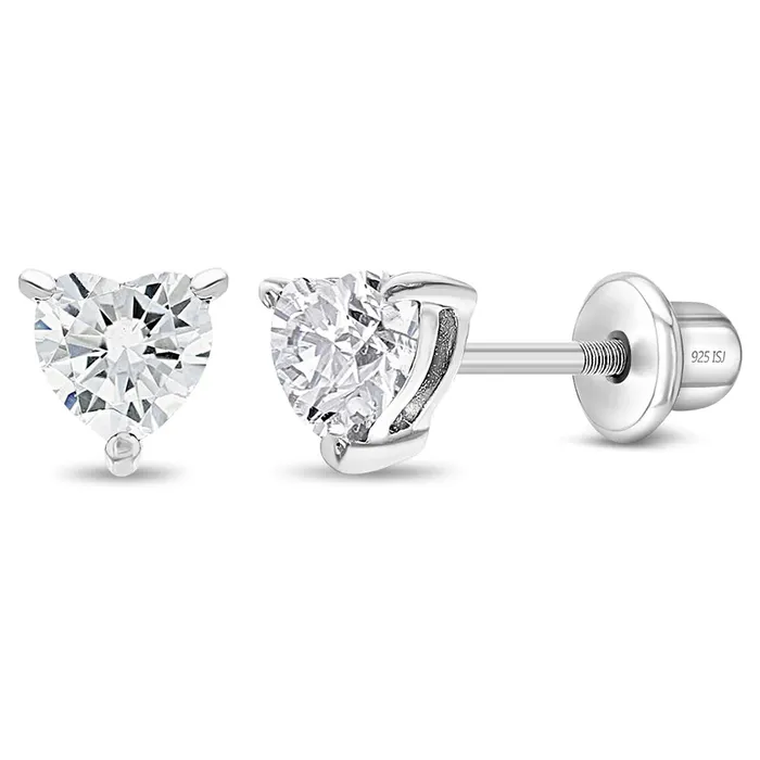 CZ Heart Solitaire 4mm Baby Toddler Kids Earrings Screw Back Sterling Silver Kids Screw Back Earrings Earrings