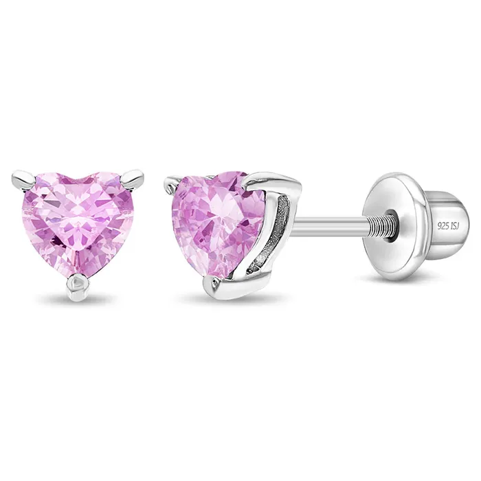 CZ Heart Solitaire 4mm Baby Toddler Kids Earrings Screw Back Sterling Silver Kids Screw Back Earrings Earrings
