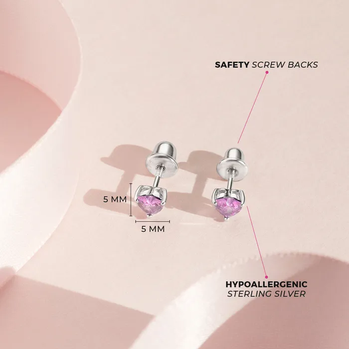 CZ Heart Solitaire 4mm Baby Toddler Kids Earrings Screw Back Sterling Silver Kids Screw Back Earrings Earrings
