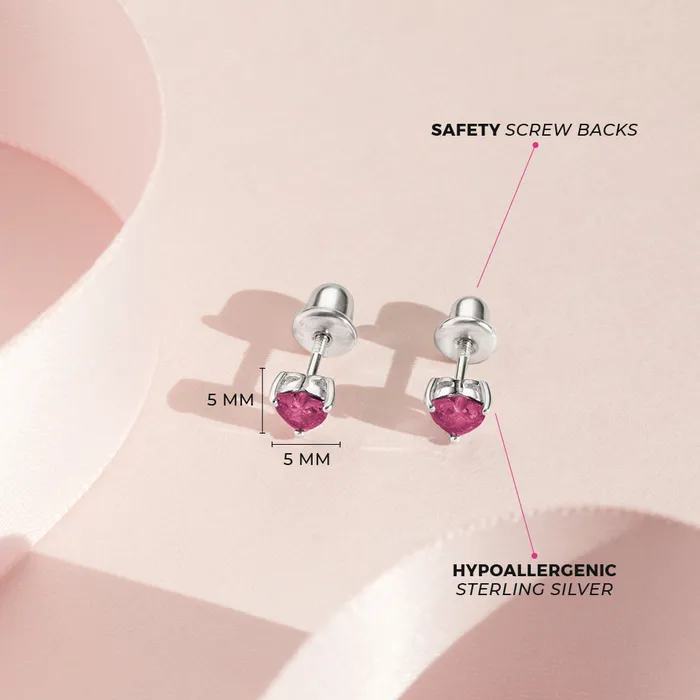 CZ Heart Solitaire 4mm Baby Toddler Kids Earrings Screw Back Sterling Silver Kids Screw Back Earrings Earrings