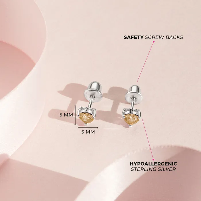 CZ Heart Solitaire 4mm Baby Toddler Kids Earrings Screw Back Sterling Silver Kids Screw Back Earrings Earrings