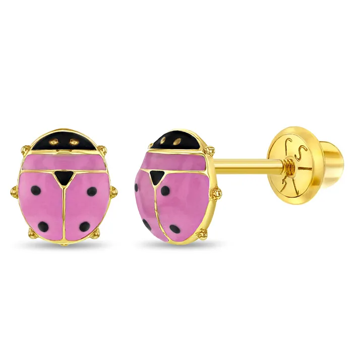 Earrings Kids Screw Back Earrings 14k Gold Colorful Ladybug Baby Toddler Kids Earrings Safety Screw Back Enamel
