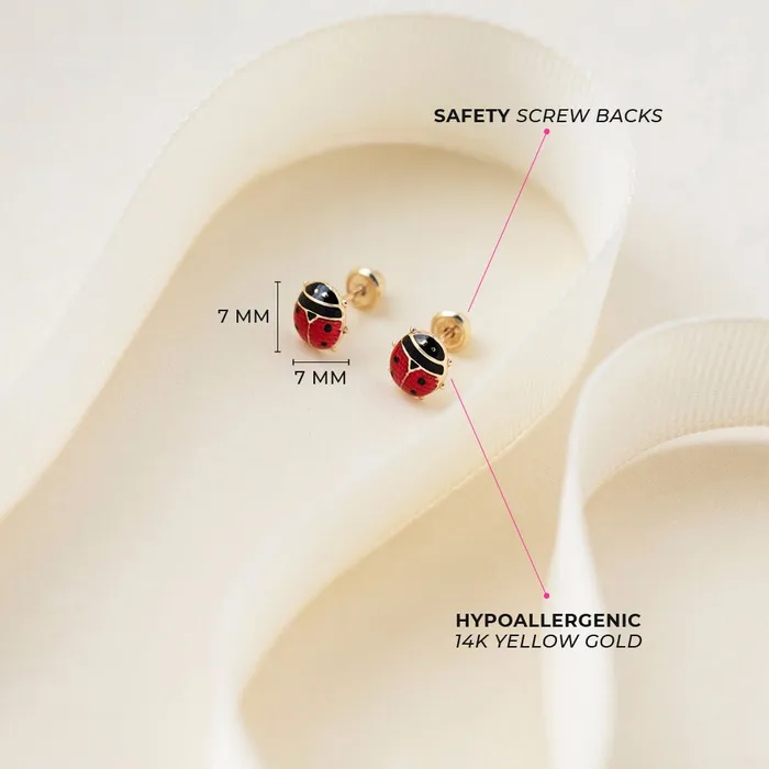 Earrings Kids Screw Back Earrings 14k Gold Colorful Ladybug Baby Toddler Kids Earrings Safety Screw Back Enamel