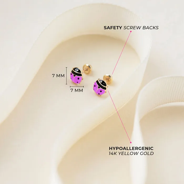 Earrings Kids Screw Back Earrings 14k Gold Colorful Ladybug Baby Toddler Kids Earrings Safety Screw Back Enamel