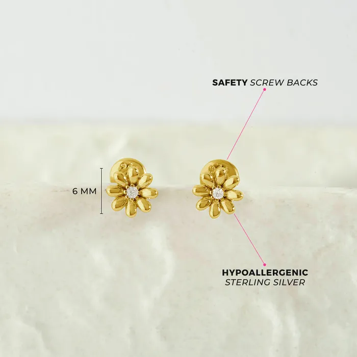 Earrings Kids Screw Back Earrings Puffed Blossom Kids Childrens Girls Earrings Screw Back Gold Plated Sterling Silver