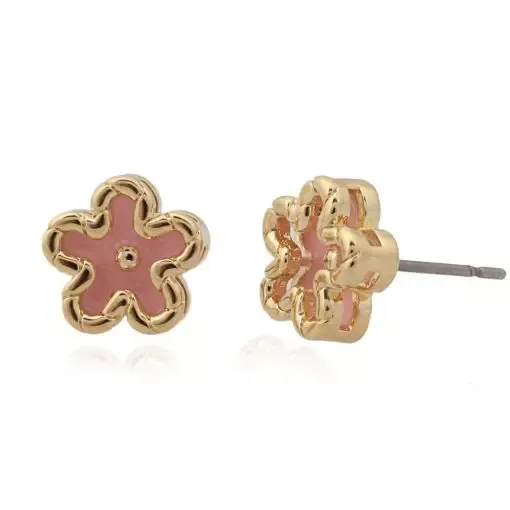 Gold Frame Pink Enamel Flower Stud Earring Cameo Collection Earrings