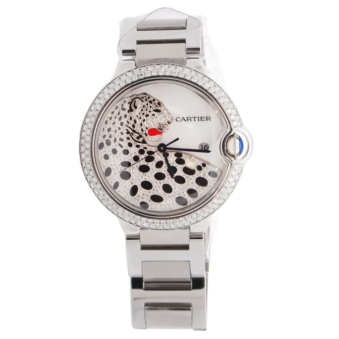 Happy Jewelers Cartier Ballon Bleu Stainless Steel 42mm Custom Diamond Panther Dial Watch Reference W69012Z4 Bracelets