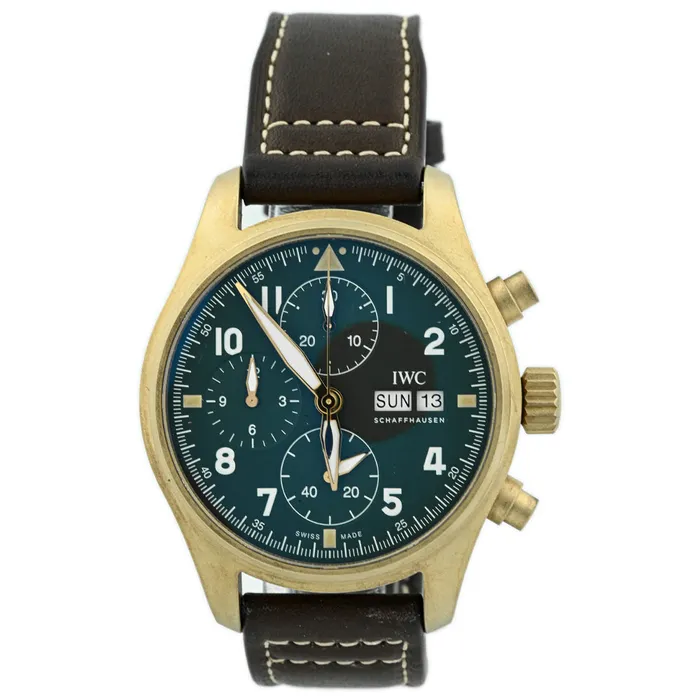Happy Jewelers Watches IWC Mens PILOTS WATCH CHRONOGRAPH SPITFIRE Bronze Case 41mm Green Arabic Dial Watch Reference IW387902 Happy Jewelers Watches IWC Mens PILOTS WATCH CHRONOGRAPH SPITFIRE Bronze Case 41mm Green Arabic Dial Watch Reference IW387902