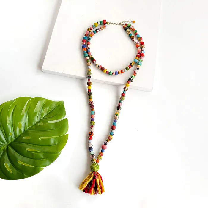 Kantha High Low Tassel Necklace WorldFinds Necklaces