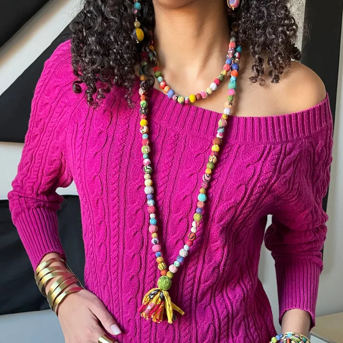 Kantha High Low Tassel Necklace WorldFinds Necklaces