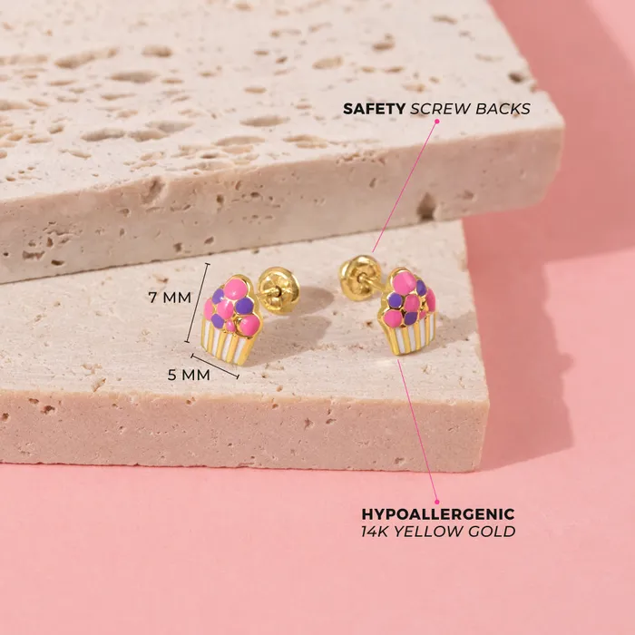 Kids Screw Back Earrings Earrings 14k Gold Colorful Cupcake Kids Childrens Girls Earrings Safety Screw Back Enamel