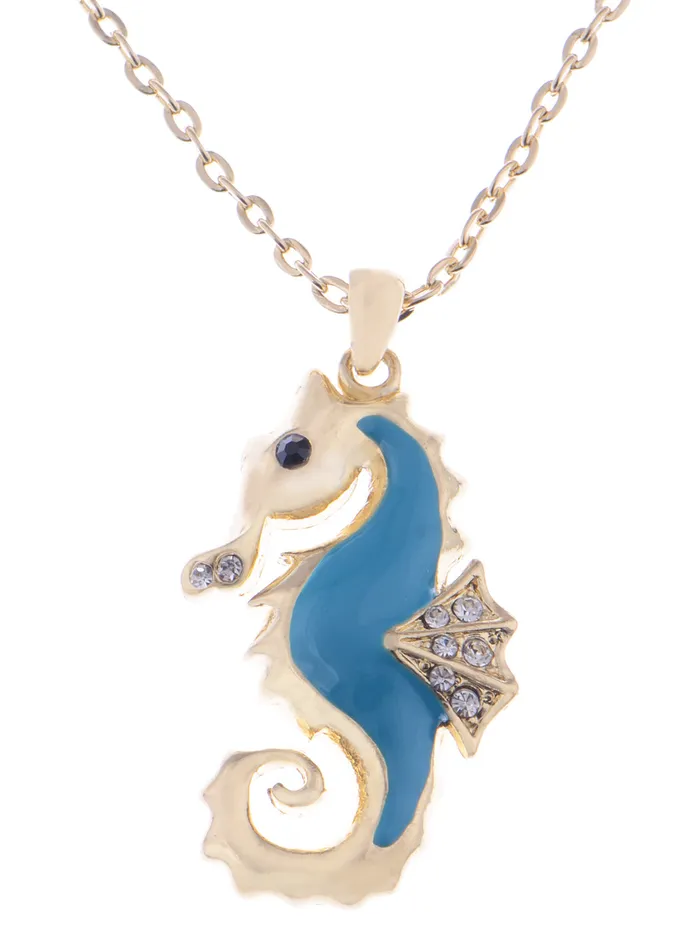 Necklaces Alilang Petite Blue Enamel Sea Horse Pendant Necklace