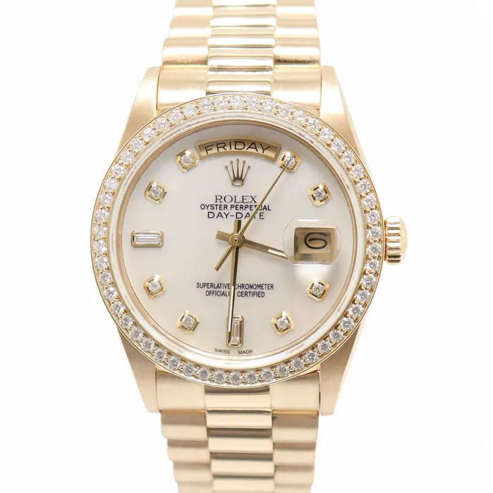 Necklaces Happy Jewelers Rolex Day Date 36mm Yellow Gold Custom White MOP Diamond Dial Watch Reference 18038 Necklaces Happy Jewelers Rolex Day Date 36mm Yellow Gold Custom White MOP Diamond Dial Watch Reference 18038