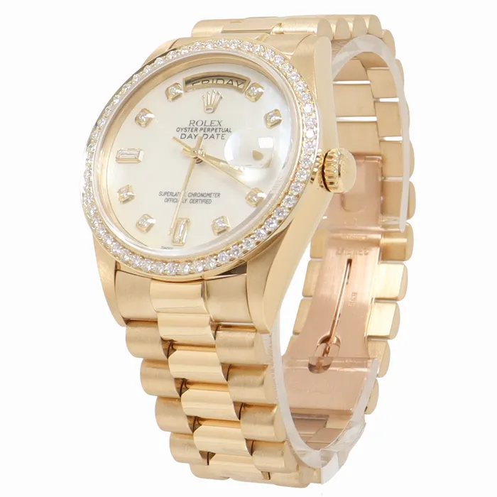 Necklaces Happy Jewelers Rolex Day Date 36mm Yellow Gold Custom White MOP Diamond Dial Watch Reference 18038