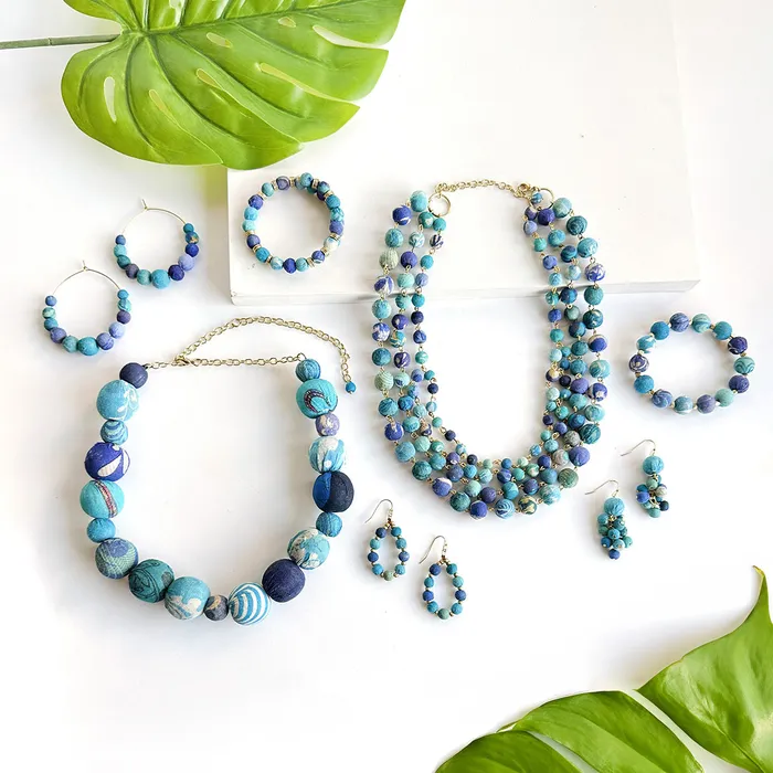 Necklaces WorldFinds Kantha Azure Bauble Necklace