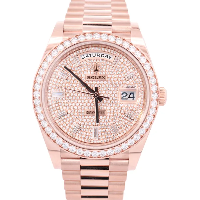 Rolex Day Date 40mm Everose Gold Factory Pave Baguette Dial Watch Reference 228345RBR Happy Jewelers Watches