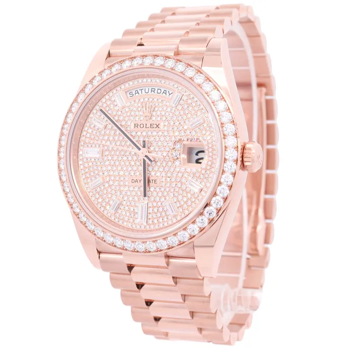 Rolex Day Date 40mm Everose Gold Factory Pave Baguette Dial Watch Reference 228345RBR Happy Jewelers Watches