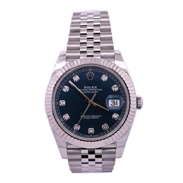 Watches Rolex Datejust Stainless Steel 41mm Blue Diamond Dot Dial Watch Reference 126334 Happy Jewelers